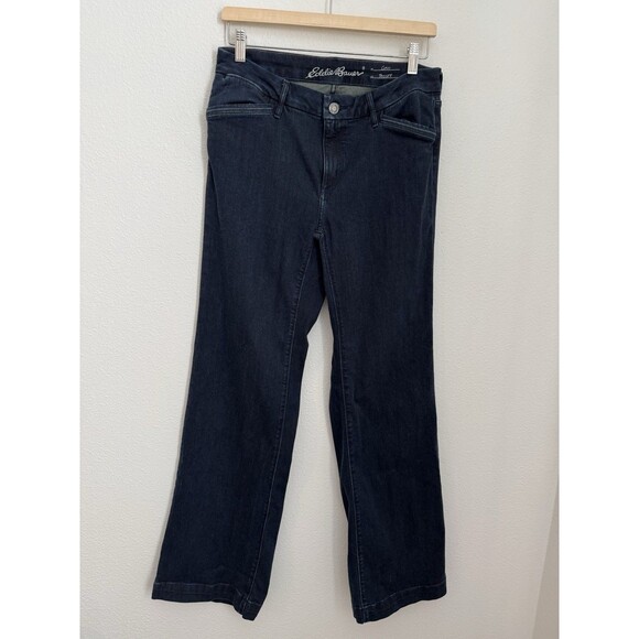 Eddie Bauer Jeans Stretch Curvy Fit Trouser Leg 5 Pocket Dark Blue Size 10 EUC - Picture 2 of 11